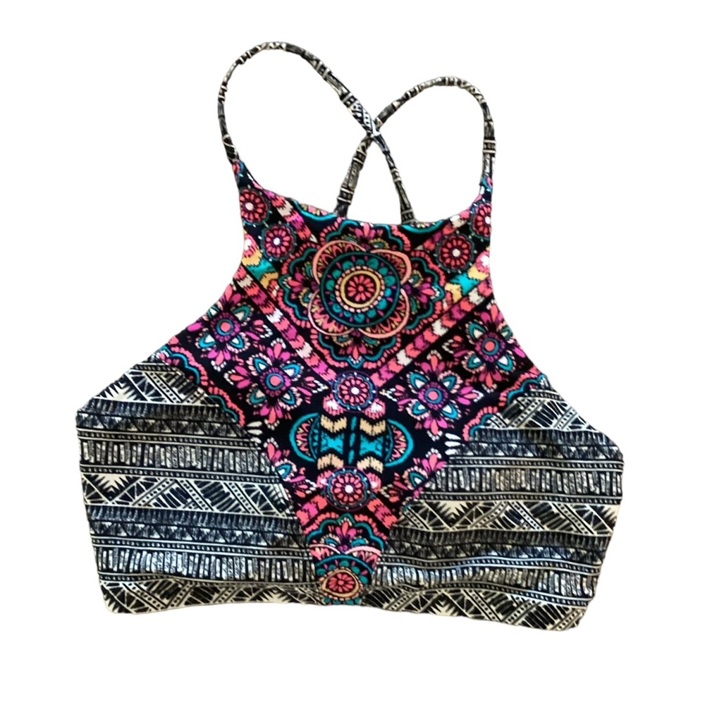 Eidon swim top bikini high neck cross back size Medium black pink tribal print